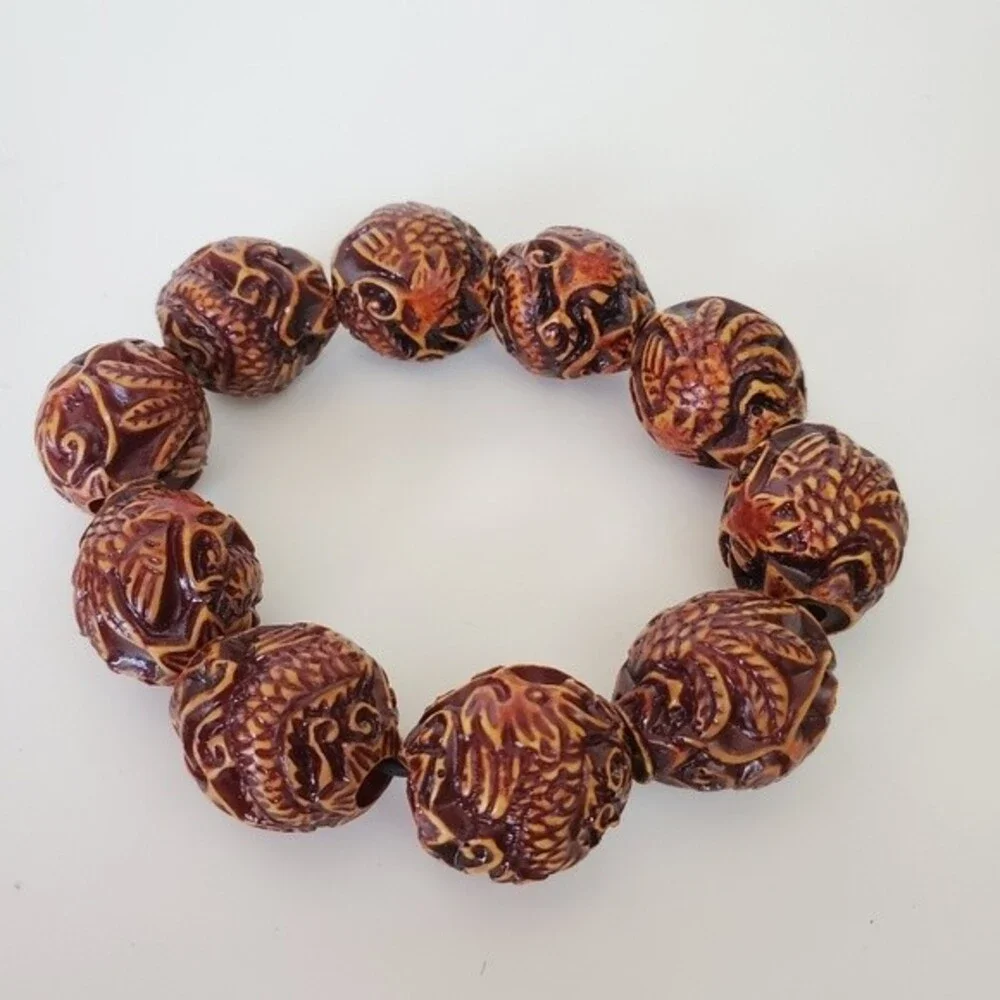 Simulated Wood carved brown stretch  beaded bracelet  7 inch Tribal Halloween *